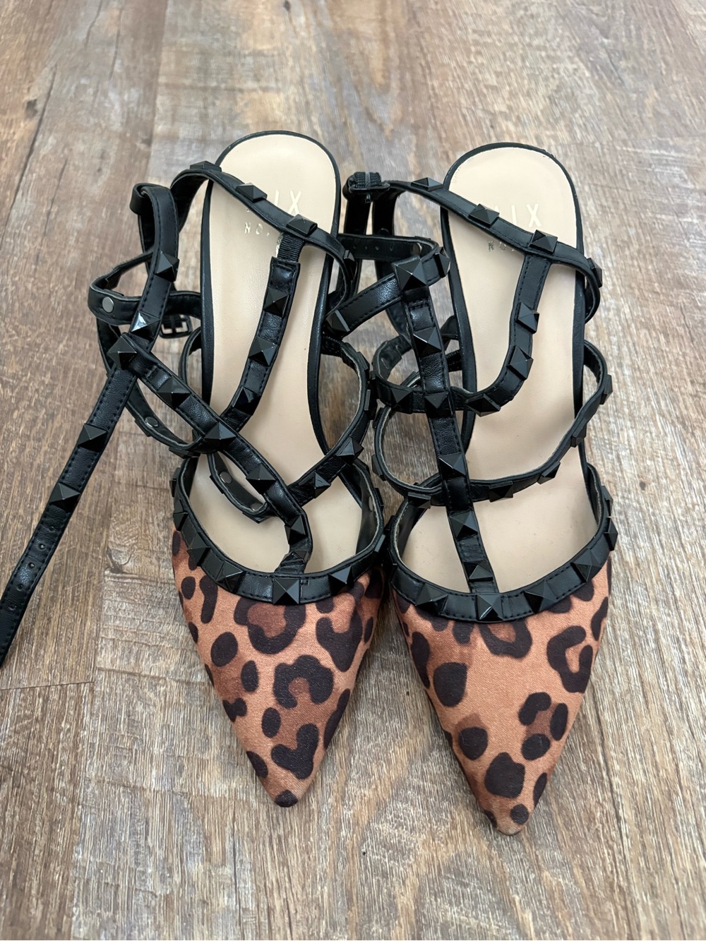Mix No. 6 Leopard Print Pointed-Toe Strappy Flats - Black Trim